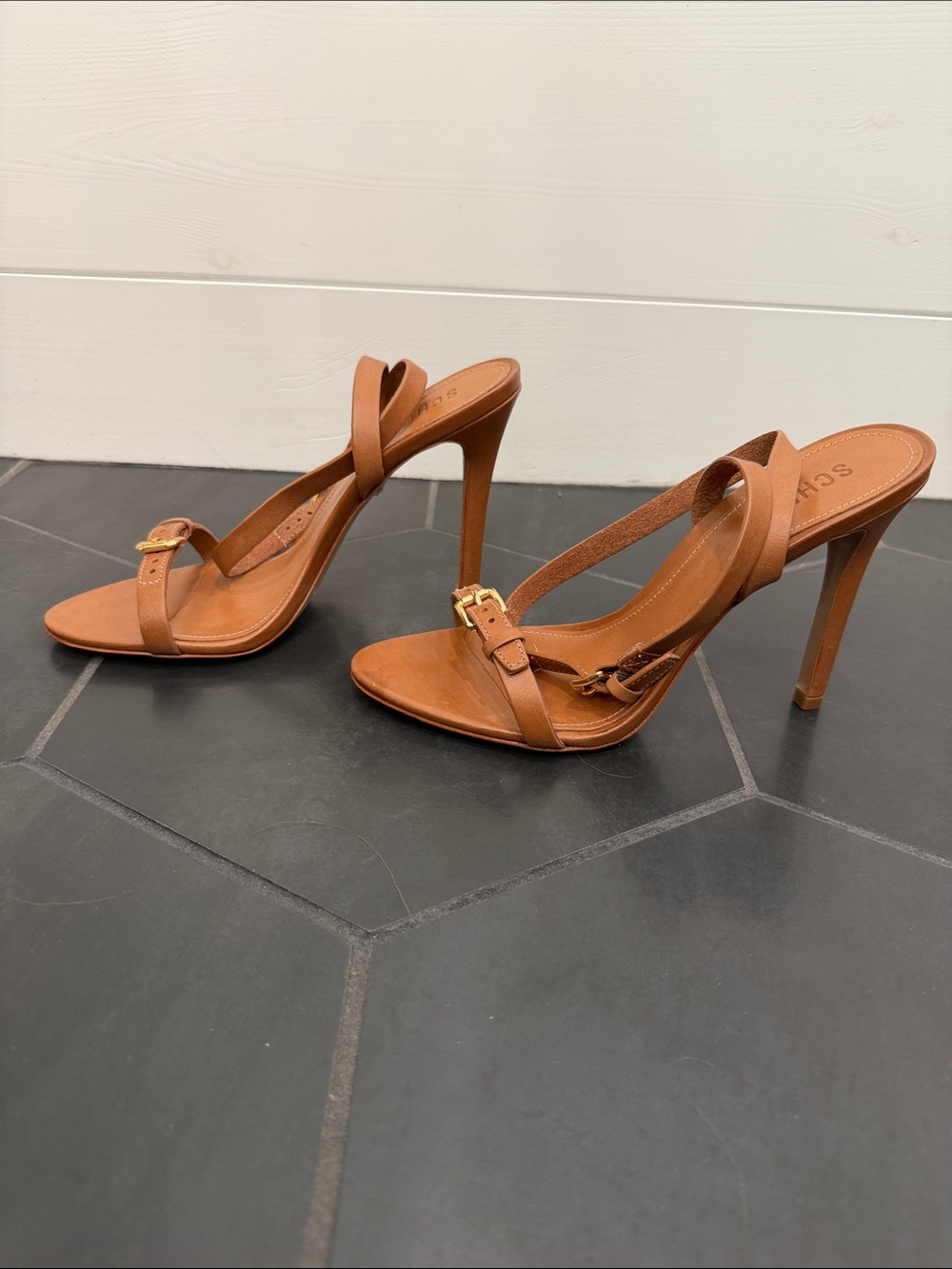 SCHUTZ Tan Leather Ankle Strap Sandals - Picture 6 of 9